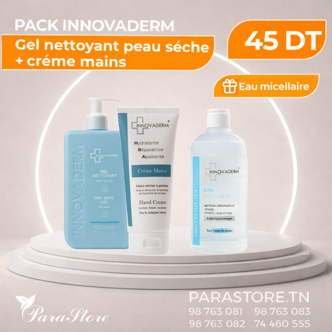 INNOVADERM PACK GEL NETTOYANT PEAU SECHE ET CREME MAINS + EAU MICELLAIRE OFFERTE