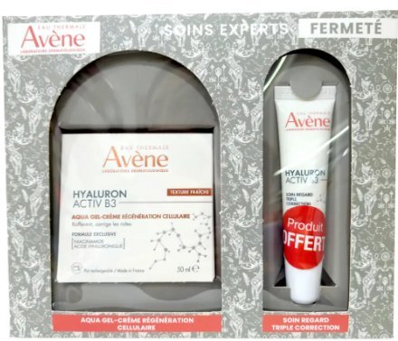 AVENE COFFRET FERMETE HYALURONACTIV B3 AQUA GEL CREME RENERATION CELLULAIRE + SOIN REGARD TRIPLE CORRECTION OFFERT