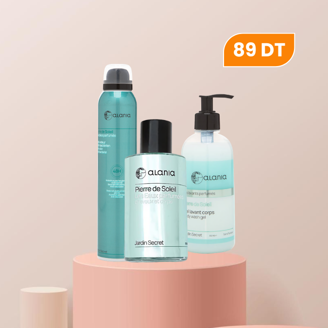 PACK EID ALANIA PIERRE DE SOLEIL EAU PARFUMEE CHEVEUX ET CORPS + GEL LAVANT + DEODORANT PARFUMEE