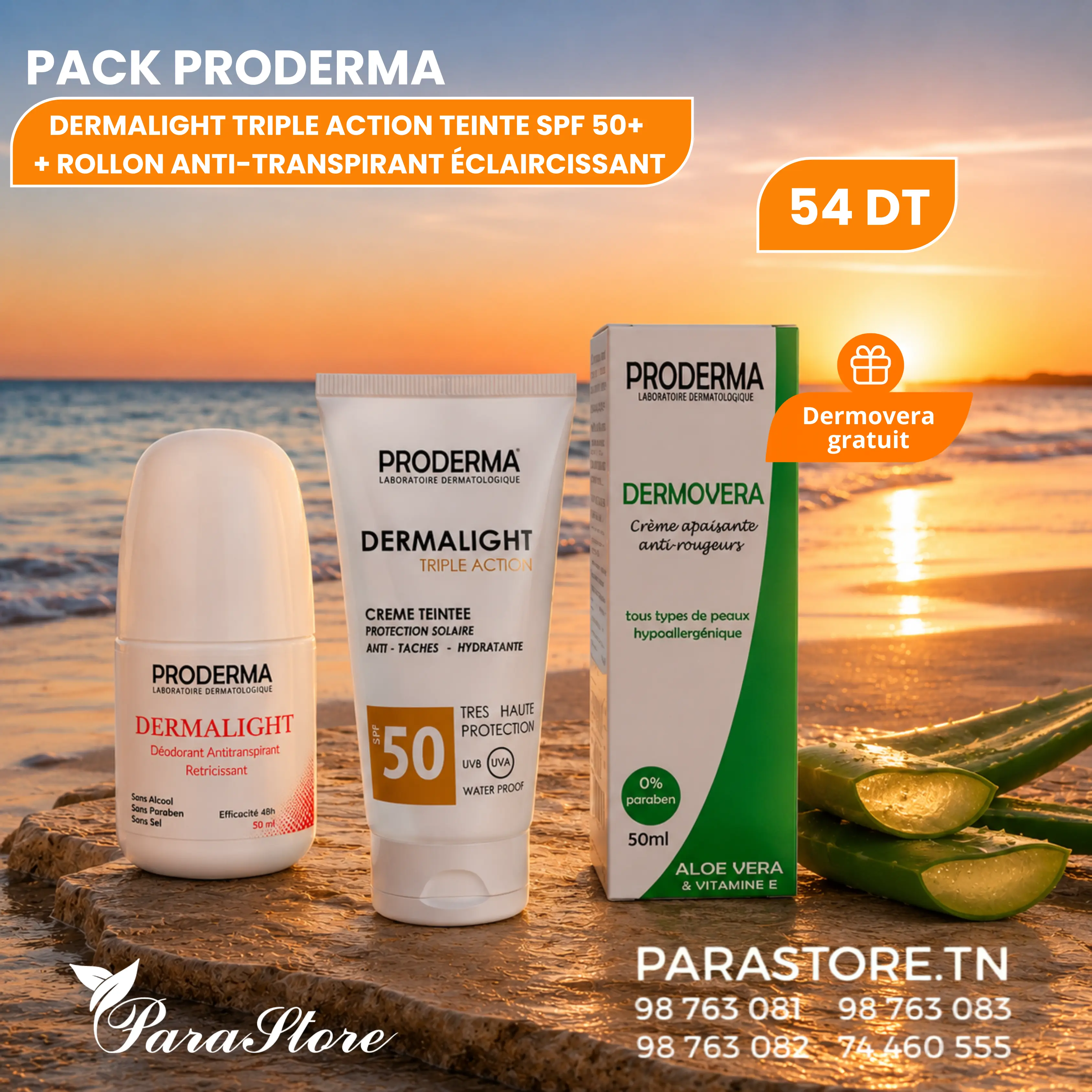 PACK PRODERMA DERMALIGHT TRIPLE ACTION TEINTÉ SPF50+ + ROLL-ON ÉCLAIRCISSANT + DERMOVERA GRATUIT