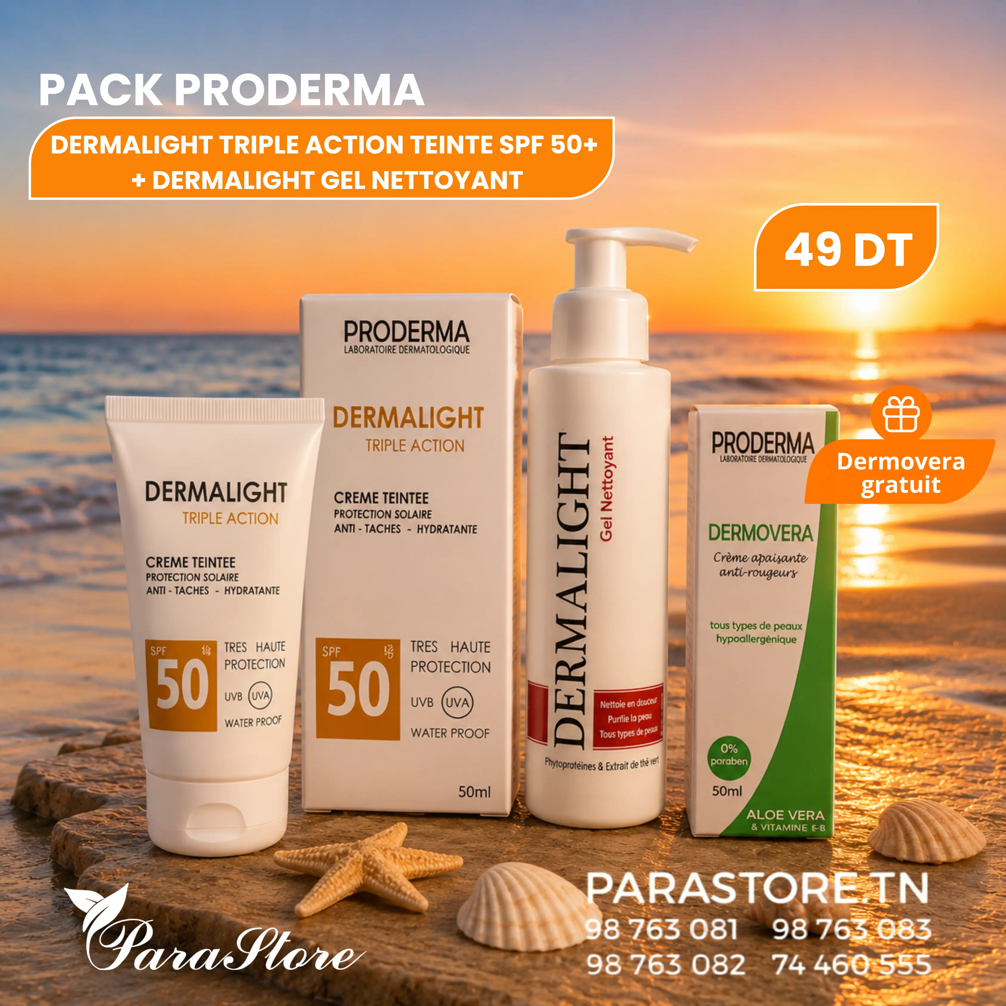 PACK PRODERMA ÉCRAN TEINTÉ ANTI-TÂCHES SPF50+ + GEL NETTOYANT + DERMOVERA GRATUIT