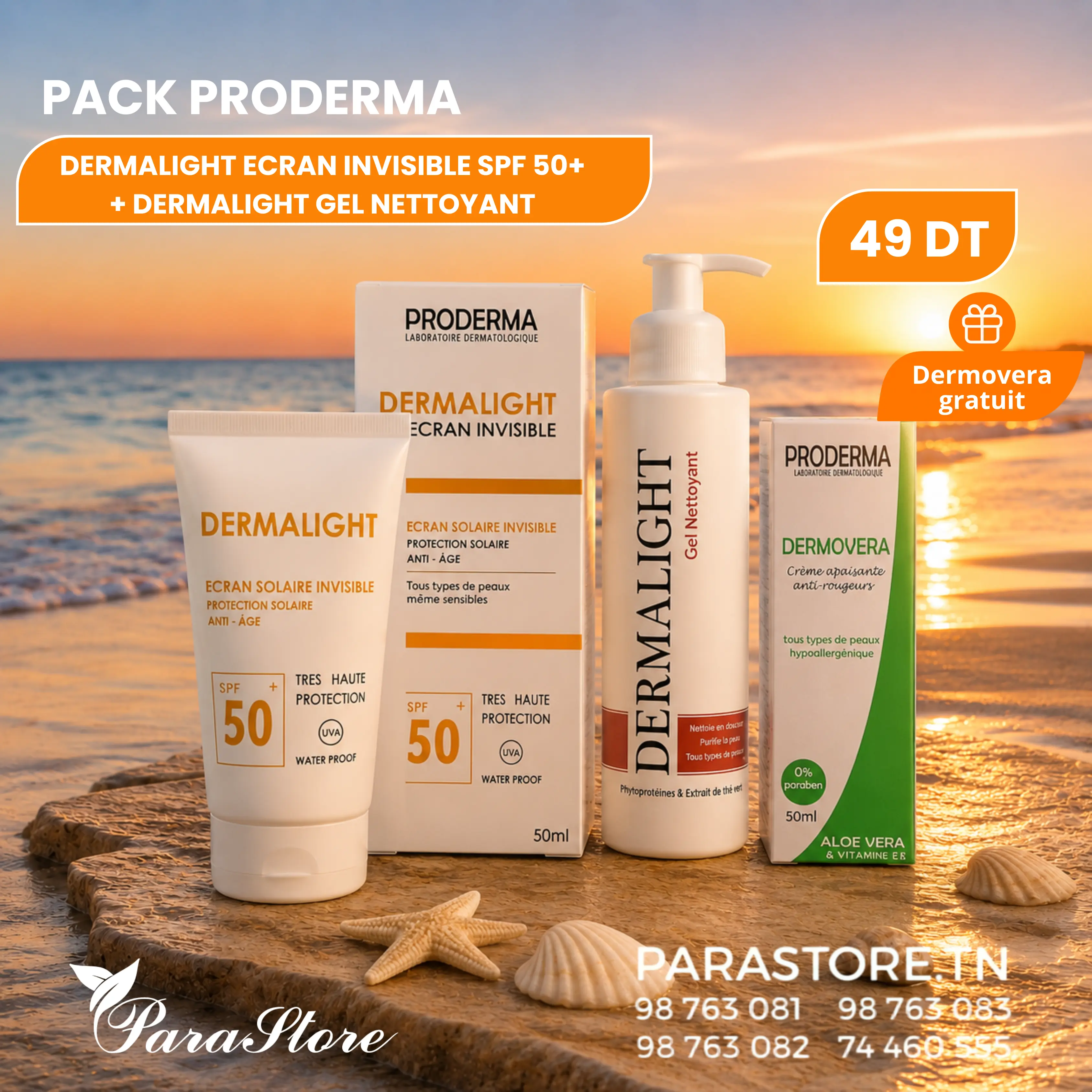 PACK PRODERMA ÉCRAN INVISIBLE SPF50+ + GEL NETTOYANT + DERMOVERA GRATUIT