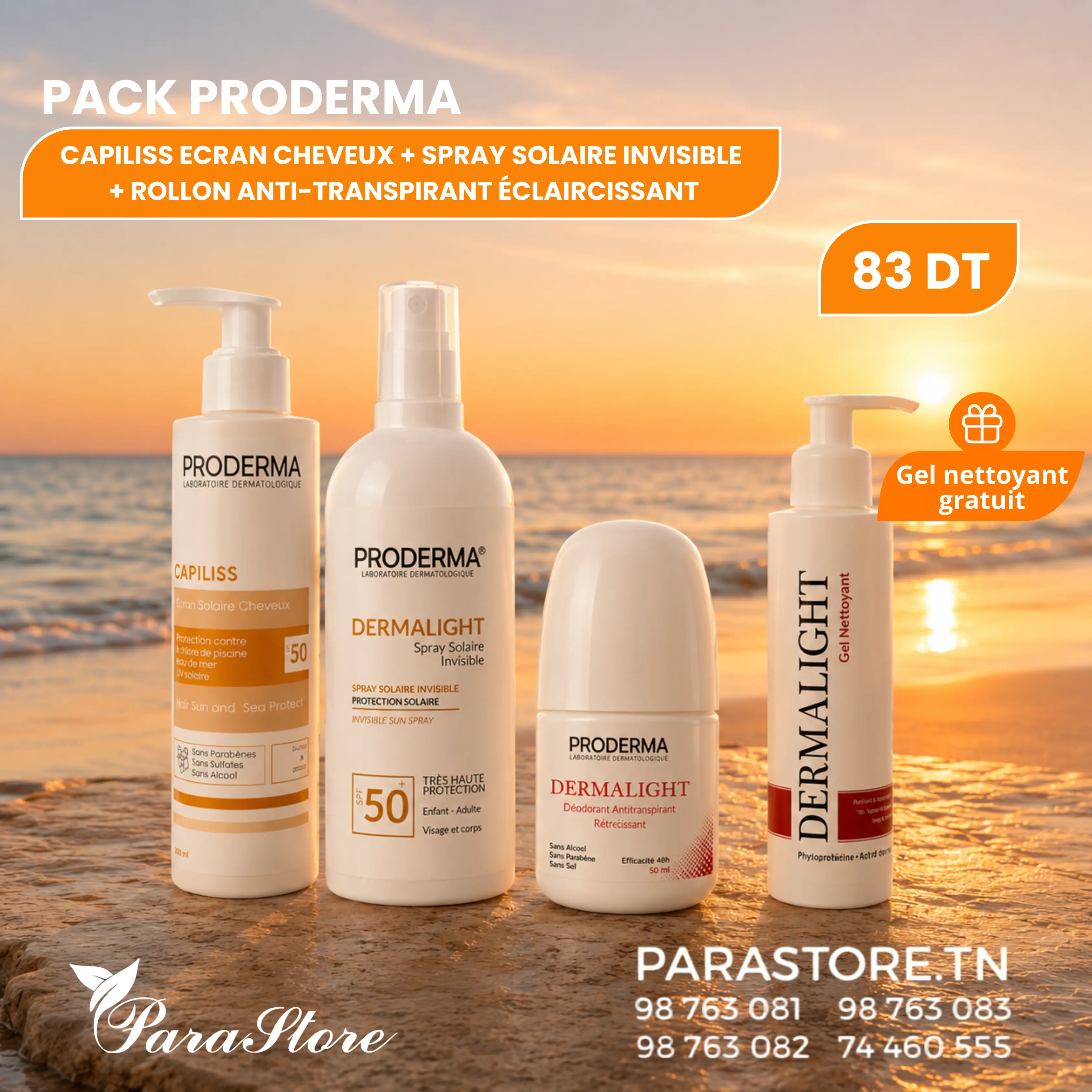 PACK PRODERMA SPRAY SOLAIRE SPF50+ + ÉCRAN CHEVEUX + ROLL-ON ÉCLAIRCISSANT + GEL NETTOYANT OFFERT