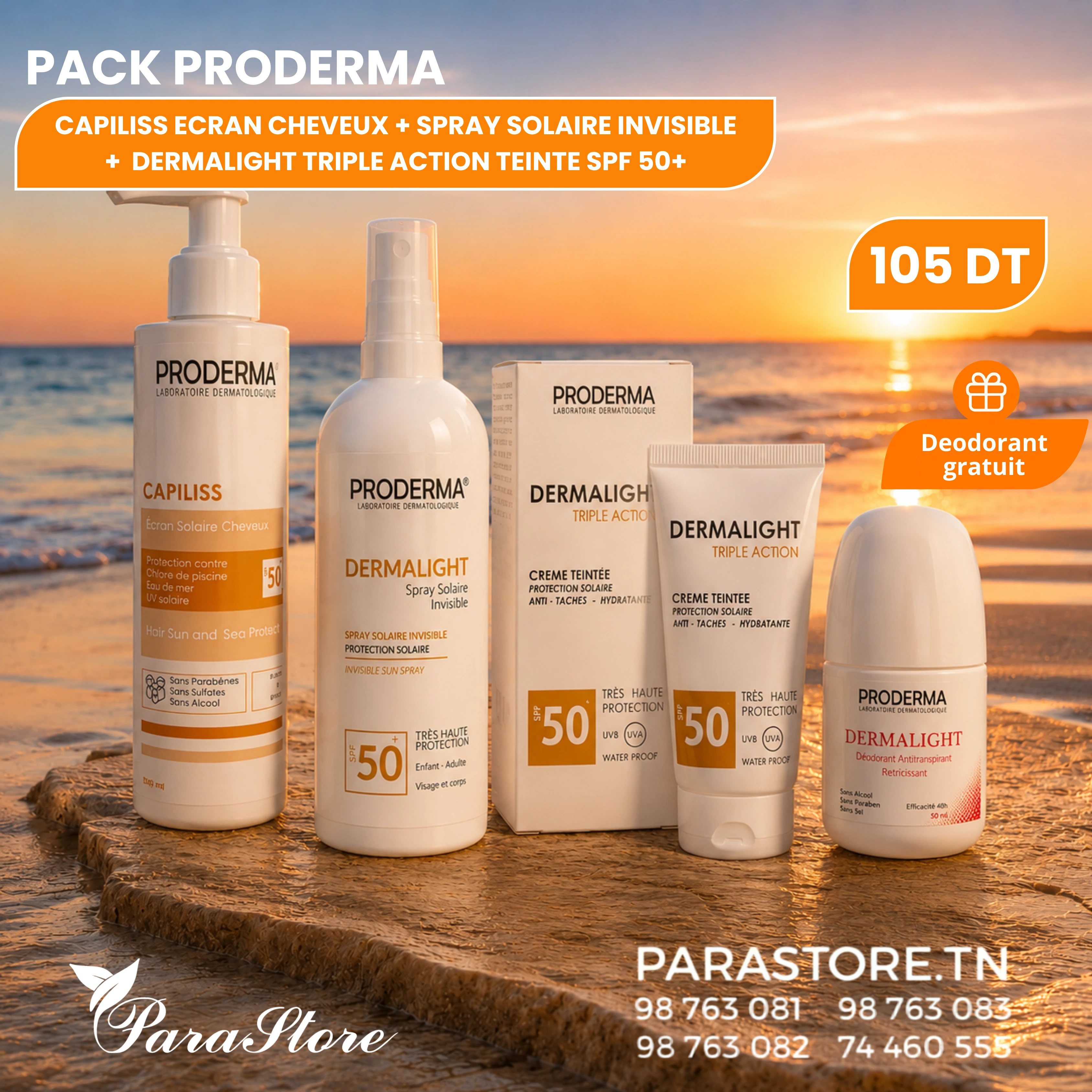 PACK PRODERMA ÉCRAN TEINTÉ SPF50+ + SPRAY SOLAIRE INVISIBLE + ÉCRAN CHEVEUX + DÉODORANT OFFERT