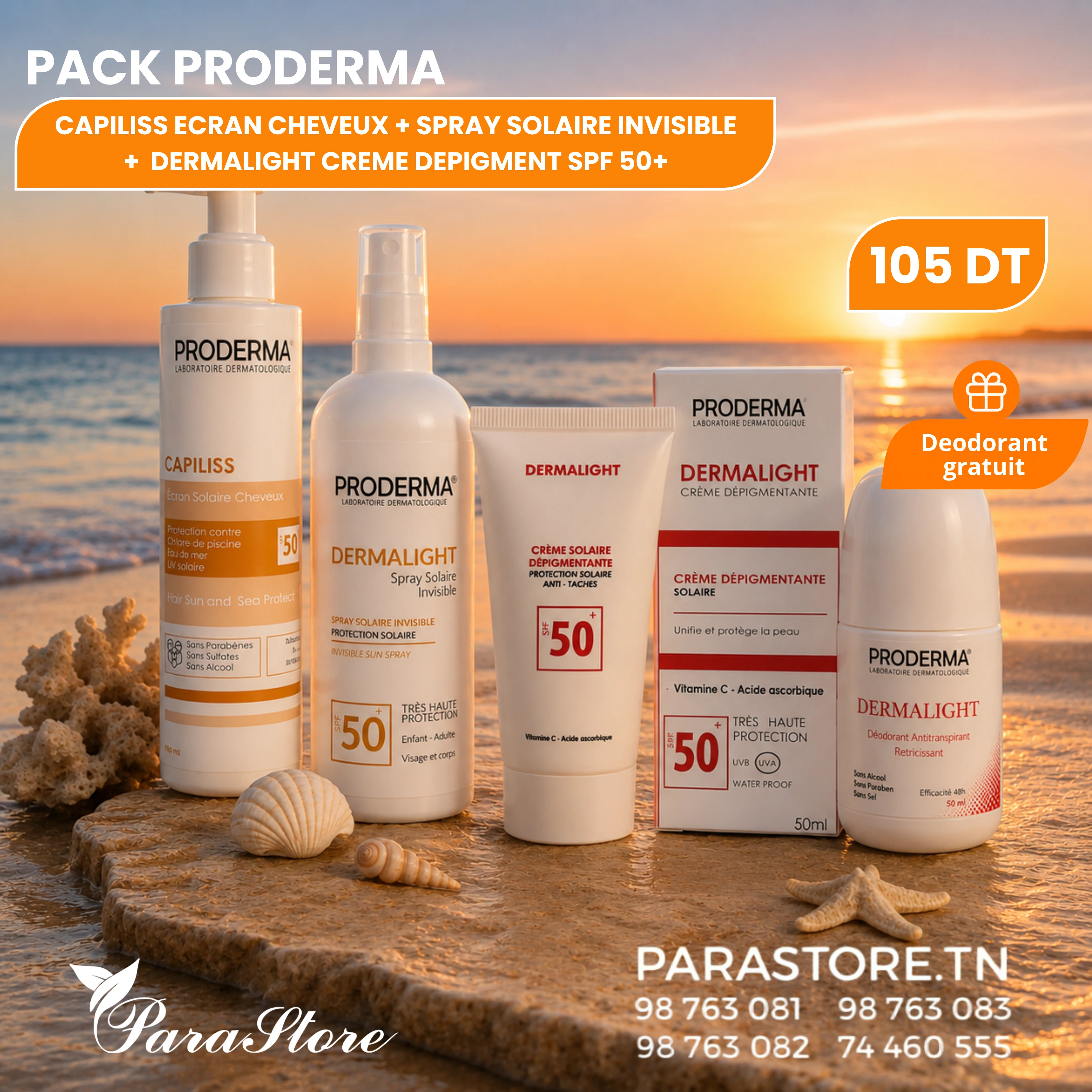 PACK PRODERMA ÉCRAN ANTI-TÂCHES SPF50+ + SPRAY SOLAIRE INVISIBLE + ÉCRAN CHEVEUX + DÉODORANT OFFERT