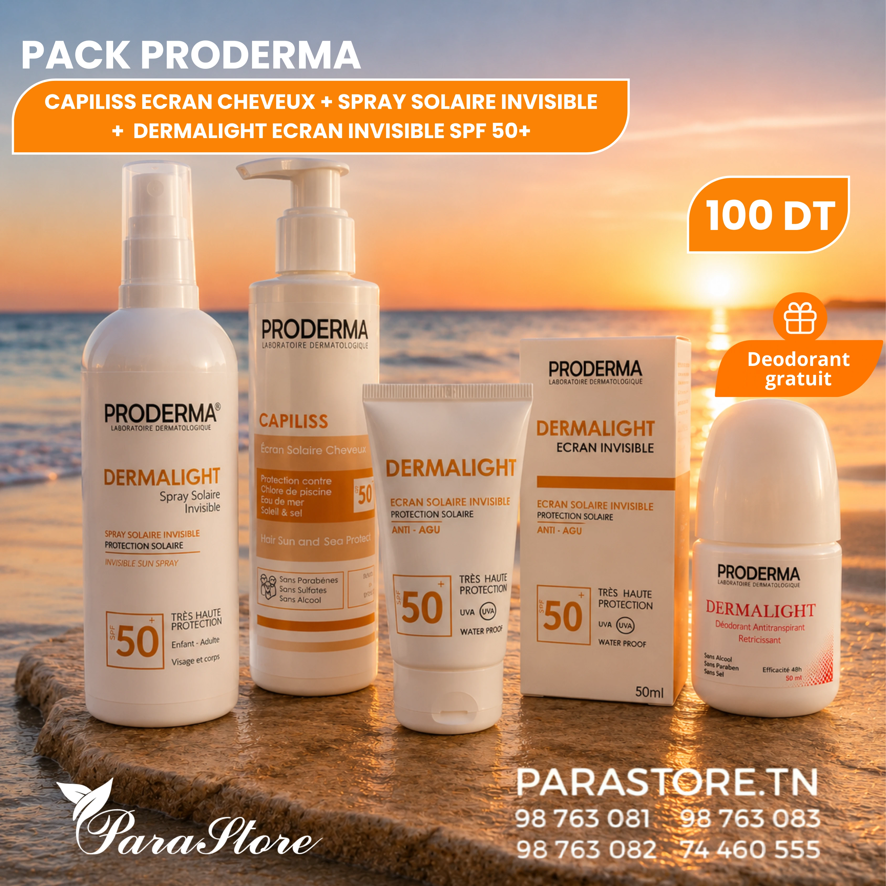 PACK PRODERMA ÉCRAN INVISIBLE SPF50+ + SPRAY SOLAIRE INVISIBLE + ÉCRAN CHEVEUX + DÉODORANT OFFERT