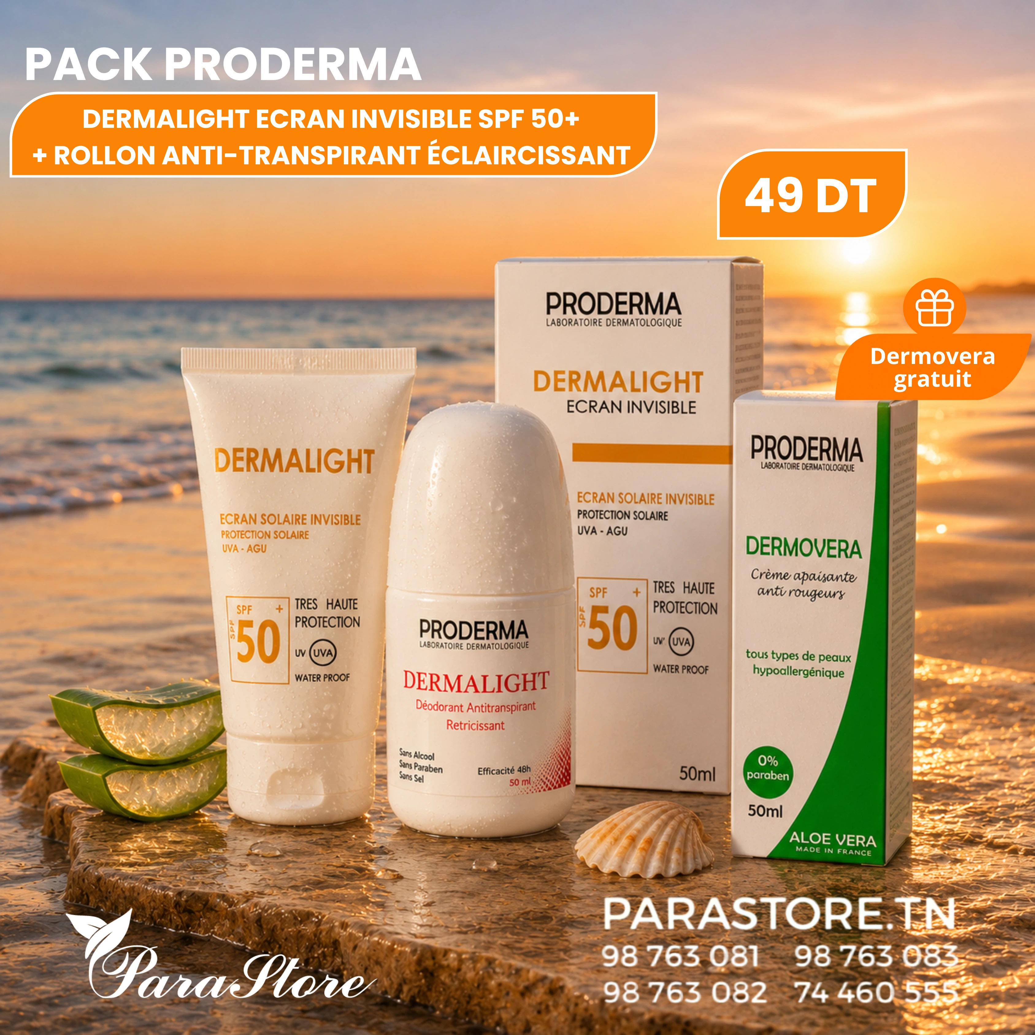 PACK PRODERMA ÉCRAN INVISIBLE SPF50+ + ROLL-ON ÉCLAIRCISSANT + DERMOVERA GRATUIT