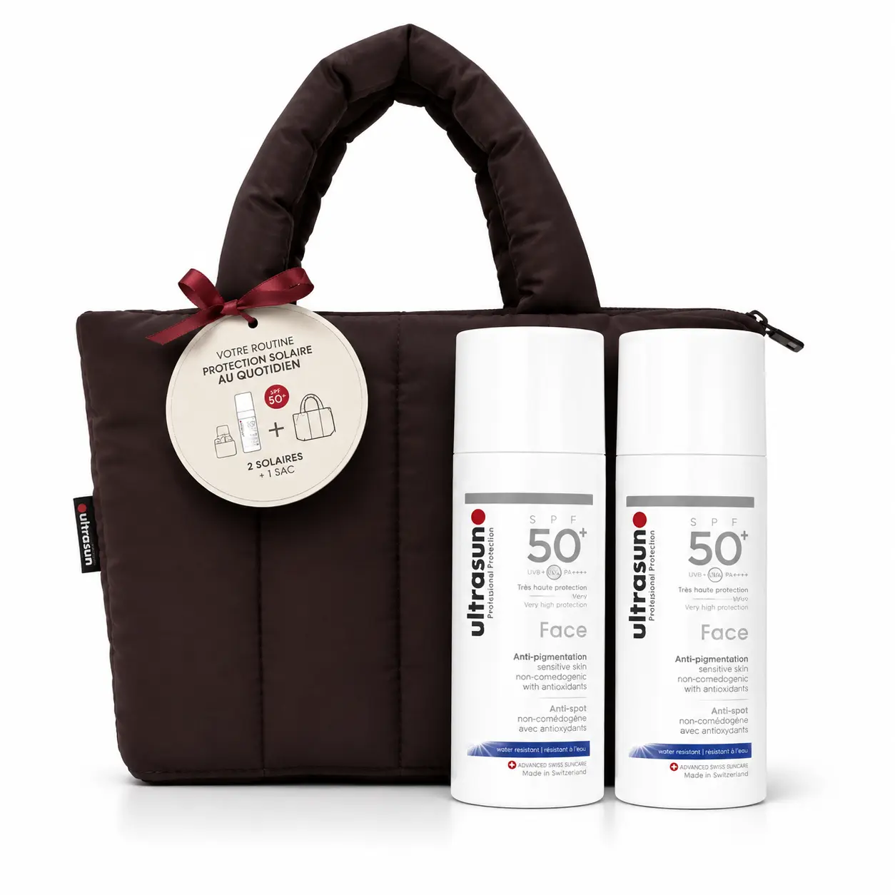 ULTRASUN - LOT DE 2 ÉCRANS ANTI-PIGMENTATION 50ML SPF50+ + SAC MATELASSÉ BURGUNDY OFFERT
